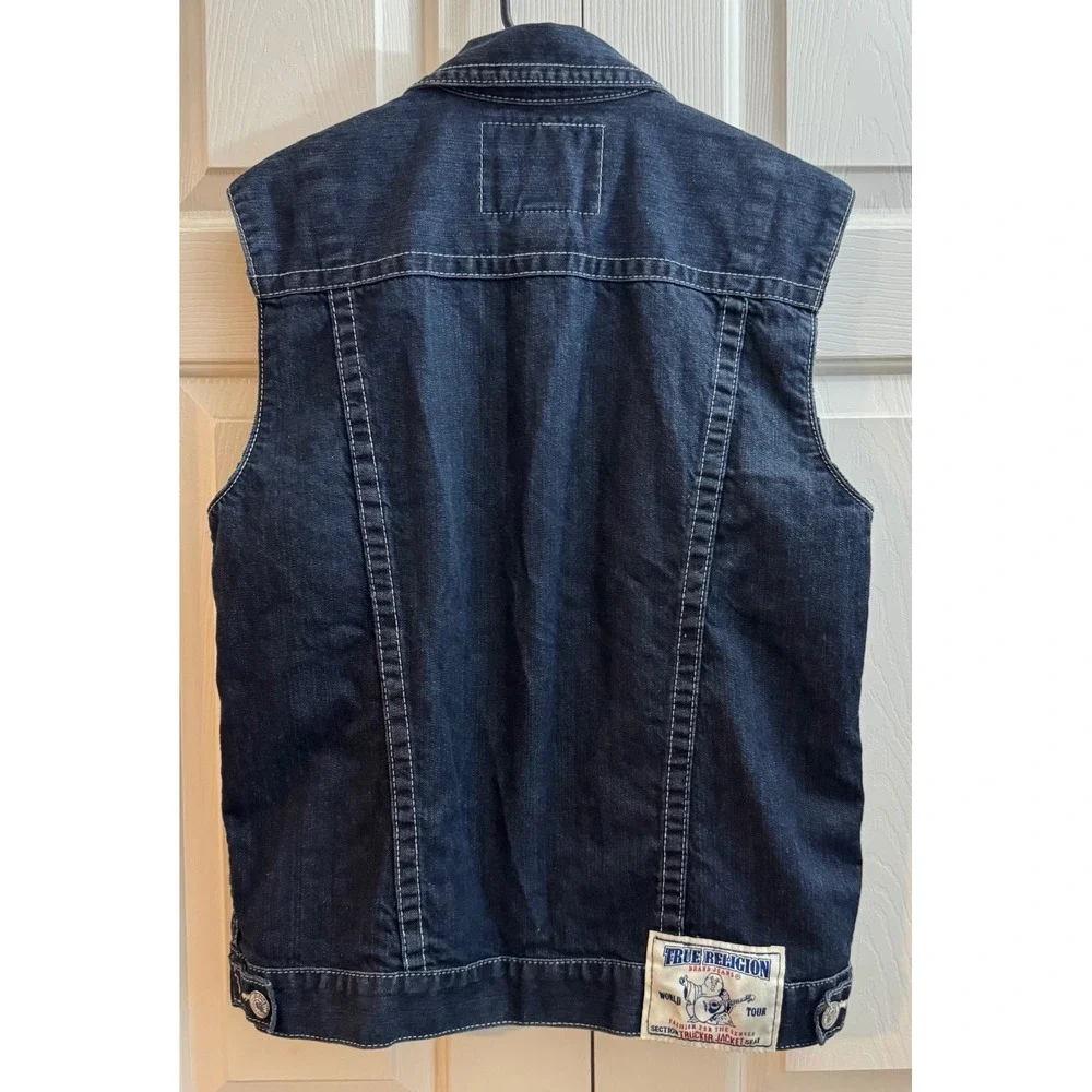 True Religion World Tour Denim Trucker Vest Dark Wash Horseshoe Pocket Y2K Biker
